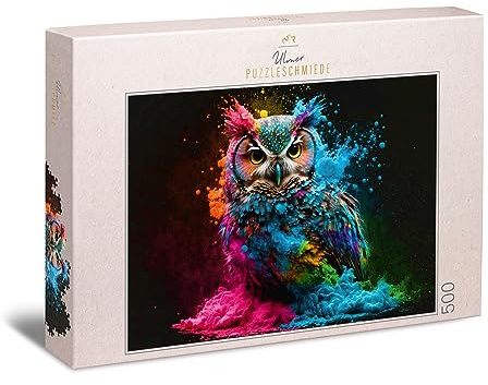 Ulmer Puzzleschmiede - Puzzle „Bunter Nachtvogel“ - Eulen-Portrait mit knalliger Farb-Explosion als 500 Teile Puzzle - Motiv Eule aus der Puzzle-Kollektion Farben & Fantasy, Made in Germany