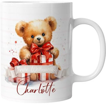 timalo® Kinder-Tasse Kunststoff Plastik bruchsichere Kindertasse mit Namen personalisiert „Frohe Weihnachten“ Jungen und Mädchen | Teddybär