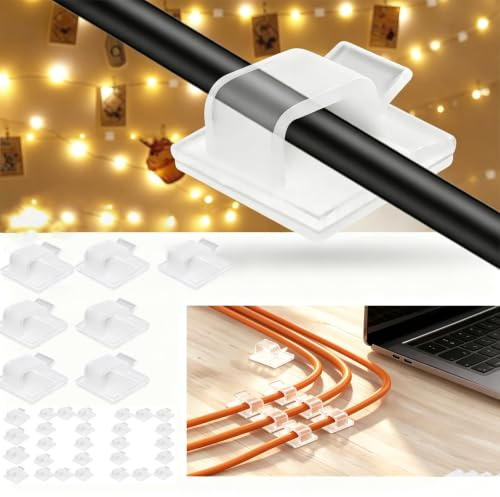 AUMAYCO 100 Stück Kabelhalter Selbstklebend, Mit zur Organizer Kabelclips Selbstklebend Kabelmanagement Kabelklemmen Selbstklebend für Befestigung Netzkabel Lichterkette und Dekoartikel (Transparent)