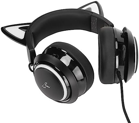 Vikye Casque de Jeu pour PC, Joli Casque de Jeu USB avec Oreilles de Chat, Microphone Rétractable, Casque de Jeu avec 8 Effets de Lumière de Couleur, Son Surround Virtuel pour Filles