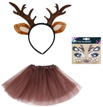 UILYNIU 3 Stück Kostüm Rentier Stirnband Mädchen Tierkostüm Kinder mit Rentier Haarreif mit Ohren Gesichtstattoo Tutu Hörner Hirschohren für Karneval Halloween Kostüm Tier Ohren Weihnachten (3PCS)