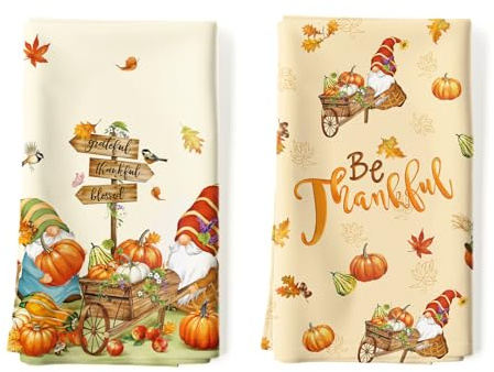 Arquiel Set di 2 Strofinacci Autunno Gnomo - Cotone 100% Assorbente Canovacci Decorazione Regali di Vacanza per Cucina 48 cm x 70 cm
