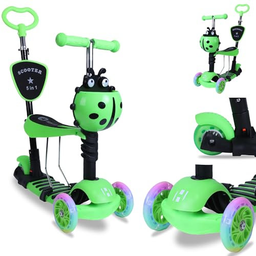 Habib Gruppe 5-in-1 Kinderroller mit Rückenlehne für Jungen und Mädchen - Abnehmbarer Sitz, LED-Räder, Höheverstellbarer Lenker, Tretroller - Kinder Roller Outdoor Spiel, für 2-8 Jahre Kinder (Grün)