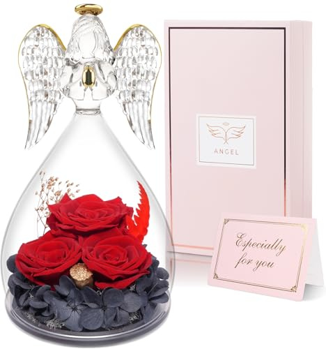 Yamonic Geschenke für Mama, Ewige Rose im Glas Engel Figur, Geschenke für Frauen Weihnachten,Ewige Blume in Engel Glaskuppel, Geburtstagsgeschenk für Frauen, Mutter Oma Geschenk,3 Infinity Rosen