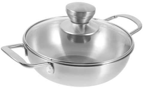 WESIEVYA Edelstahl Wokpfanne Mit Deckel 20cm Hitzebeständig Mit Doppelgriffen Für Gas Und Elektroherde Outdoor Pfanne Für Camping Und Haushalt