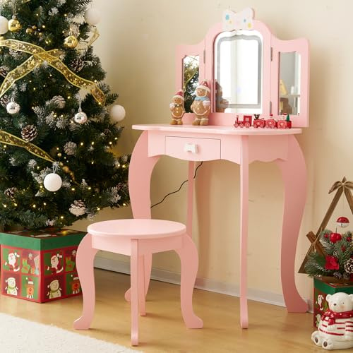 LALAHO Kinderschminktisch mit LED-beleuchtetem Hocker, Frisierkommode | für Mädchen mit Schublade (Rosa 3)
