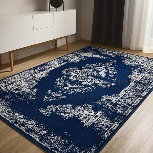 benuta Basic Teppich Sia - Blau 160x230 cm - Kunstfaser - Rechteckig & im Style: Vintage, Boho-Style, Retro - Pflegeleicht für Wohnzimmer Schlafzimmer