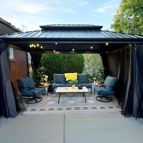 PURPLE LEAF 3.65m x 4.25m Hardtop Gazebo Double Layer Roof with Ventilated Top and Built-in Drainage System Equipped with Curtains and Nettings Modern Elegant Design for Garden