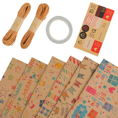 6 Stück Geschenkpapier Geburtstag - Kinder Geschenkpapier 70 x 100cm - Kraftpapier - Für Geschenkverpackung zum Geburtstag - Für Kinder, Erwachsene und Feiertage (Bunt)