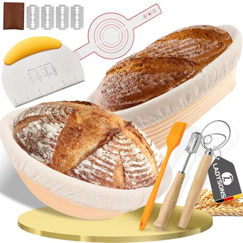 Complete Sourdough Starter Kit - Sourdough Proving Basket Set, Bread Making Accessories Includes 2 Banneton Bread Proofing Basket, Bread Lame, Silicone Bread Sling, Danish Dough Whisk, Silicone Brush