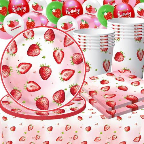 Fiesta de Cumpleaños Fresa Vajilla, Decoraciones de fiesta de cumpleaños de fresa - Accesorios de fiesta de fresa que incluyen platos, taza, servilleta, globo, mantel - servido 10
