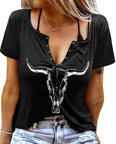 Sxkayxr V-hals T-shirts för kvinnor 2025 landskonsert cowgirlkläder för kvinnor söta sommartoppar grafiska t-shirts t-shirts, En cowskull svart, L