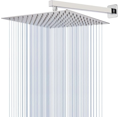 Katezon 30 cm High Flow Rainfall Shower Head with 40 cm Shower Arm, Stainless Steel Square Showerhead Self-Cleaning Silicone Nozzles, Ultra-Thin Design, Universal Wall and Ceiling Mount (Chrome)