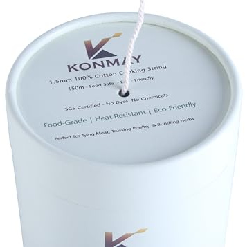 KONMAY 1.5mm 100% Cotton Cooking String – 150m Butcher Twine, Baker Twine for Trussing, Roasting, Grilling, Tying Meat, Herbs & Sausages, Eco-Friendly Biodegradable Paper Box with Feed Hole