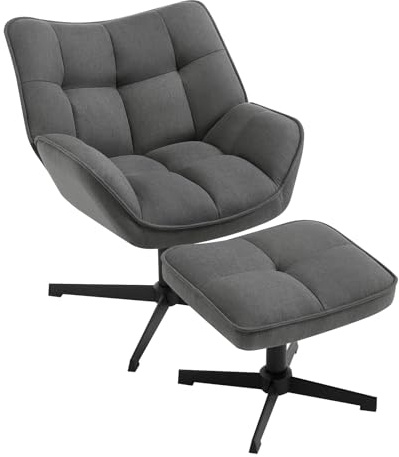 WOLTU Fauteuil Salon avec Repose-Pieds, Chaise Pivotante, Assise Rembourrée et Large, Fauteuil Relax pour Chambre et Salon, Cadre en Métal, Tissu en Lin, Gris Foncé, SKS56dgr