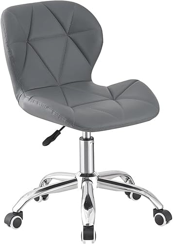 LSBIKE Desk Chair Adjustable Height Swivel Vanity Chair PU Leather Home Office chair for Bedroom Studying Computer Chair with Chrome Legs Rolling Wheels (Grey)
