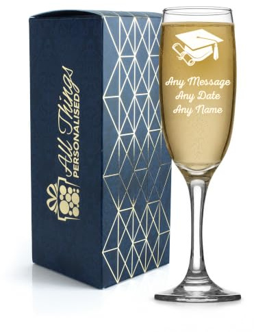 Graduation Champagne Flute, Personalised Engraved Glass with Name and Message, Graduation Gift for Her or Him, 210ml Toasting Glass, Gift Boxed