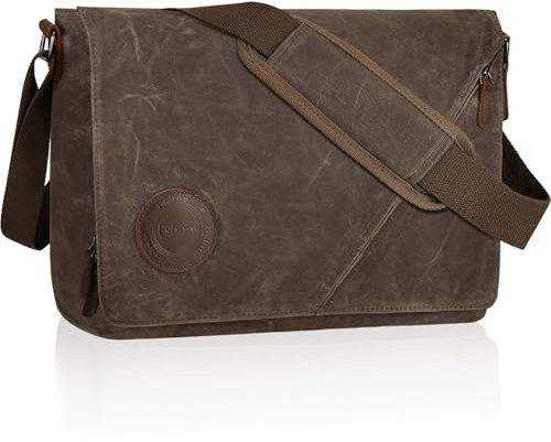 Eshow Umhängetasche Herren 13 Zoll Wasserabweisend, Laptoptasche Messenger Bag aus Echtleder und Canvas, Arbeitstasche Schultertasche Vintage für Arbeit Uni Freizeit Büro Braun