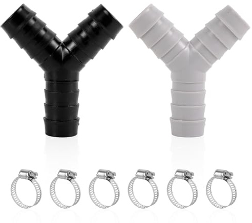 Y-Reduzierstück für Waschmaschinen-Schlauch, Kunststoff-Verteiler mit 6 Schlauchschellen, Dreiwege-Adapter für Geschirrspüler, Wäsche, Küche und Badezimmer, Sanitär, 2 Stück