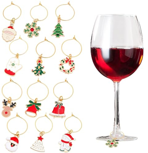 GWAWG Weihnachten Glasmarkierer 12 Stück, Weinglas Anhänger, Weihnachts Charms Glasmarkierung für Trinkgläser, Sektgläser, Cocktailgläser, Wiederverwendbare Glas Deko für Weihnachtsfeier