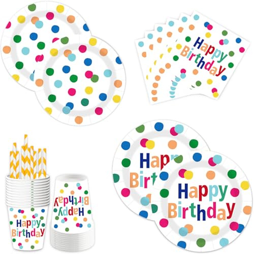 happy birthday deko partygeschirr set,50pcs geburtstagsdeko mädchen einweggeschirr set,Inklusive pappteller bunt, servietten geburtstag,Becher und strohhalme papier,für geburtstag party