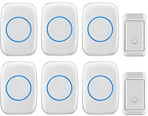 Timbre Inalámbrico Impermeable, 2 Transmisores 6 Receptores Timbre Inalámbrico Enchufe Inalámbrico con 38 Melodías Musicales/Flash Inteligente/Anti-Interferencias/Alcance Súper Largo 120M (Blanco)