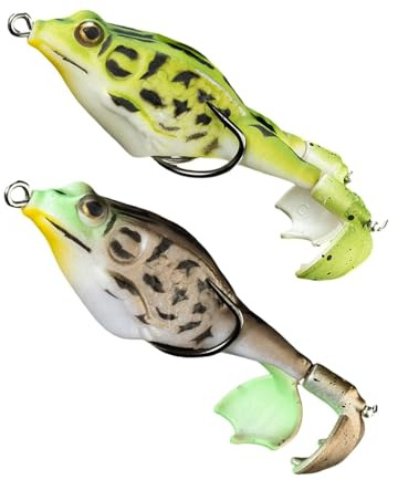 2 Stück Doppelpropeller Frösche,Ray Frosch lockt,Angelköder Gemischte Tackle,9CM Double Haken 360°Soft Bait Silikon-Angelköder,3D Double Propeller Frogs Weiche Köder für Barsch Forelle Hecht (B)