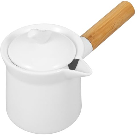 HOMSFOU Pentola in Ceramica da 350 Ml Manico in Legno, Beccuccio Antigoccia e Riscaldamento Rapido, per Uso Domestico e Riscaldare Latte o Burro