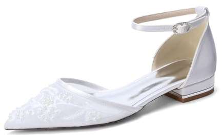 Mesh Satin Ballerinaskor Bröllop med Broderi, Flata Brudskor med Pärlor, Eleganta Skor med Ankelrem, Spetsig Tå för Fest och Ceremoni,White,38 EU