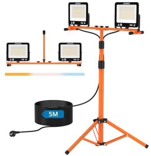 AUTOUTLET Baustrahler LED mit Stativ 200W, 3 Farbtemperaturmodi & 5M Kabel | 19000LM Baulampe, 3000K/5000K/6500K, 118-174cm Höhenverstellbar Stativ, IP66 Wasserdicht, Abnehmbar, für Garage Baustelle