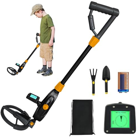 RNPKZ Rilevatore di metalli per bambini, impermeabile, leggero con LCD e indicatore sonoro, metal detector ad alta sensibilità con rastrello, pala, zaino, segnali acustici, esplorazione all'aperto