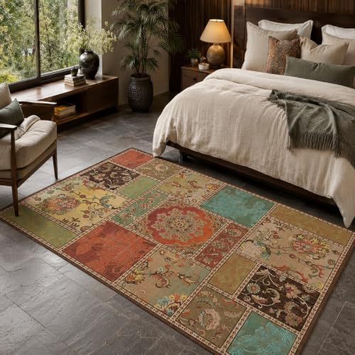 Generisk vardagsrumsmatta, blommönster i vintage, röd, orange, grön, brun, beige, blå, 160 x 200 cm, stora mattor för matsal sovrum studierum hemtillbehör dekoration