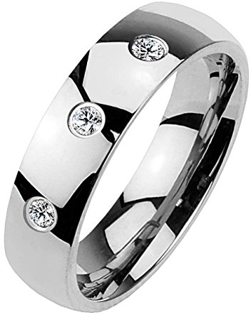 Paula & Fritz® Klassischer Dom Ring aus Chirugenstahl Edelstahl 316L Silber 4mm breit mit DREI Zirkonia 57 (17)
