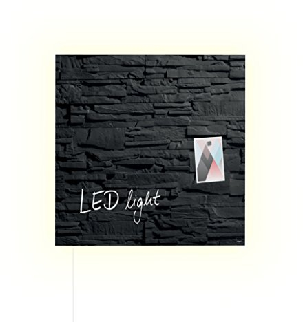 SIGEL GL404 Premium Glas-Magnettafel 48 x 48 cm mit LED-Beleuchtung, Design Schiefer-Stone hochglänzend, SGS geprüft, einfache Montage, incl. 3 Magnete, Artverum