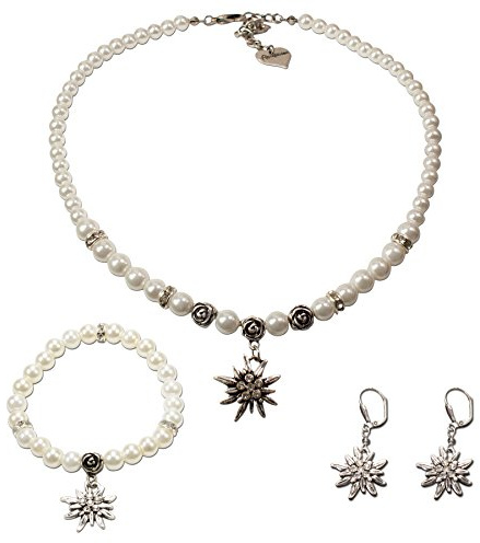 Alpenflüstern Trachtenschmuck-Set Perlen-Trachtenkette, Armband & Ohrhänger Strass-Edelweiß - Dirndl-Kette, Armkette, Ohrringe in traditionellen Farben SET024