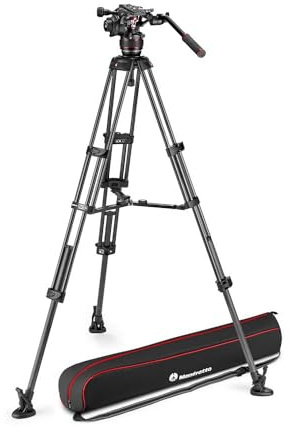 Manfrotto MVK608TWINMC Rotule Vidéo Fluide Nitrotech 608 avec Trépied Carbone à Double Tube avec Entretoise Mi-Hauteur pour Appareils Reflex ou Hybrides et Caméras Vidéo - Charge Admissible 14 kg