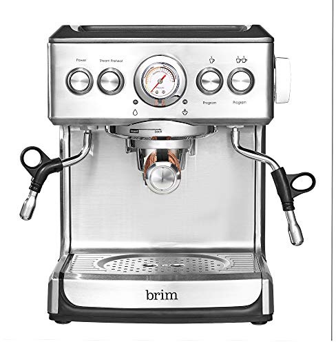 brim 19 Bar Espresso Machine, Fast Heating Cappuccino, Americano, Latte and Espresso Maker, Milk Steamer and Frother, Removable Parts for Easy Cleaning, Stainless Steel with Wood Accents