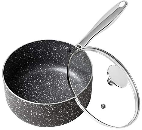 MICHELANGELO - Cazo con tapa (2 qt, olla pequeña con tapa, cacerola antiadherente de granito con mango de acero inoxidable, cacerola pequeña de granito de granito antiadherente derivada de piedra)
