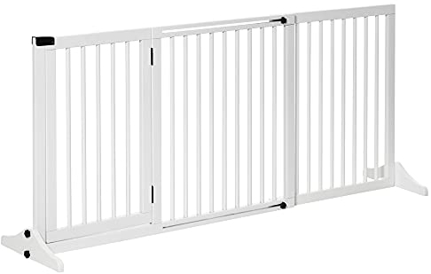 PawHut Absperrgitter Hund Freistehendes Verstellbares Schutzgitter mit Füßen 113-166 x 71 cm Holz Hundegitter Türschutzgitter Hundeabsperrgitter für Treppen, Türen, Küche, Flur, 3 Paneelen, Weiß