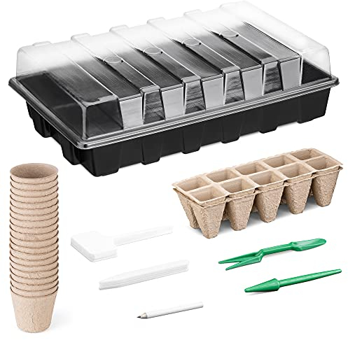 Navaris Set Vasi in Torba Biodegradabili Germinazione Piante - Kit 47 Pezzi Coltivazione 20x Vasetti 2X Vassoi 1x Terrarium - Kit Accessori Giardino