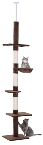 PawHut Árbol para Gatos de Suelo a Techo de 230-260 cm Torre para Gatos con Altura Ajustable Plataformas Hamaca y Postes de Sisal Marrón