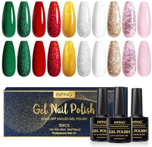 INPING Gel Nail Polish Set, 10 Colors Xmas Nail Gel Polish, Red Green Gold White Pink Soak Off UV Polish for Home DIY Nail Art Manicure Salon, 8 ML