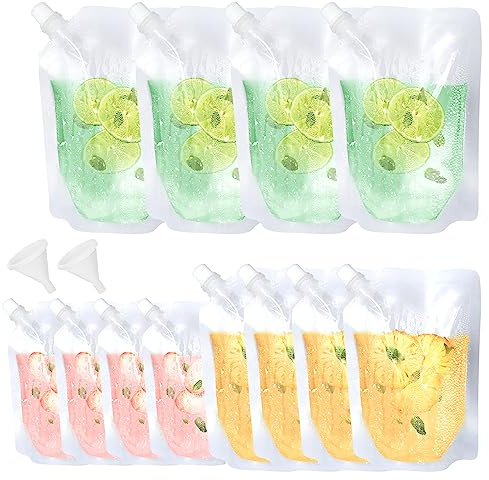 12 sacchetti in plastica per bevande e 2 imbuti, sacchetti per bevande per festival, riutilizzabili, con beccuccio, ricaricabili, trasparenti, da 250 ml, 350 ml, 500 ml, a prova di perdite (14)