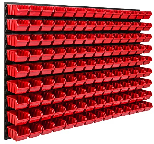 SimpleThing Lagersystem Werkstattregal | 115 x 78 cm | 126 stck. Box | Wandregal mit Stapelboxen - Wandplatten Extra Starke Schüttenregal Warkzeuglochwand Lagerregal Garage Regal