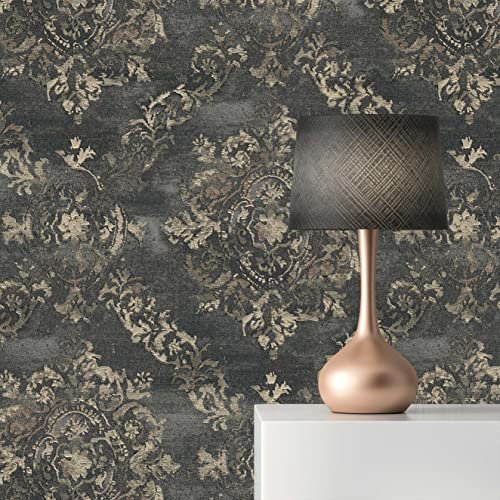 TADESSI WTD 1850 Baroque Nicolo M1-No.1850 Papier peint intissé Gris ombré ornements classiques pour salon, chambre à coucher, cuisine