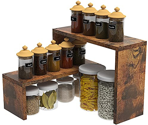 VEDECASA 2 Tier Stackable Expandable Corner Spice Rack for Kitchen Countertop Cabinet & Pantry Organizer Rustic Brown Wooden Corner Shelf Rack for Desktop Storage