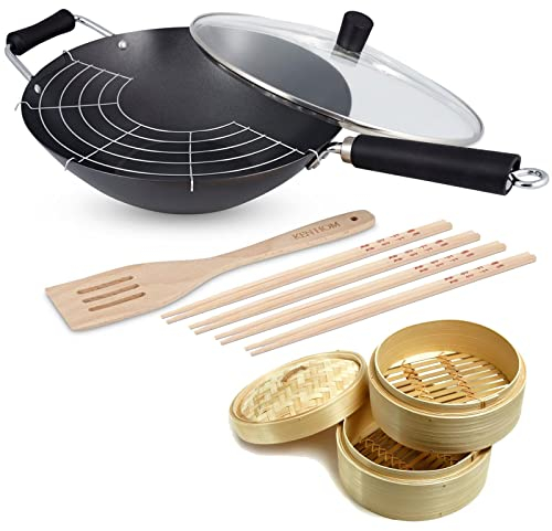 Ken Hom Wok Set 13-tlg. Induktion aus Karbonstahl antihaftbeschichtet mit Glasdeckel - große Stielwokpfanne 31 cm für verschiedene Herdarten - Zubehör inkl. Dampfkorb 20 cm & 8 Essstäbchen