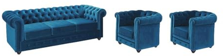 Vente-unique - Divano 3 posti+ 2 Poltrone Chesterfield - velluto - verde petrolio