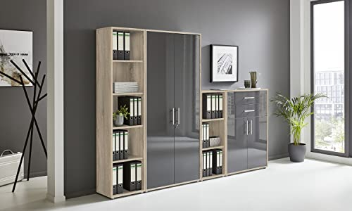 BMG Möbel Aktenschrank Office Edition Set 22, Büroschrank abschließbar mit Metallgriffen Made in Germany (Eiche Sonoma/Anthrazit Hochglanz)