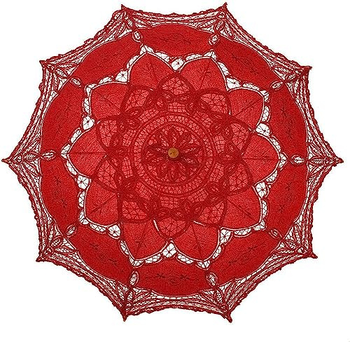 SQOIKOS Spetsparaply i vintagestil, bröllop, brudsmycken, spetsparaply för dekoration, foto, teparty, 81,3 cm, vuxenstorlek, röd/utflykt, enfärgad (Getaway Solids), Klein